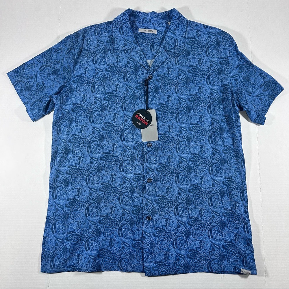 Men's Blue Paisley Short Sleeve Shirt Casual Button Down